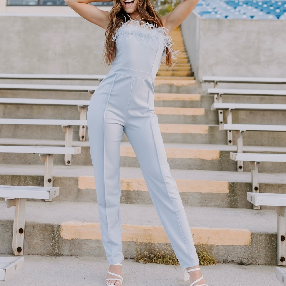 Boohoo Brand Feather Bandeau Tailored Jumpsuit in Baby/Light Blue - Women’s